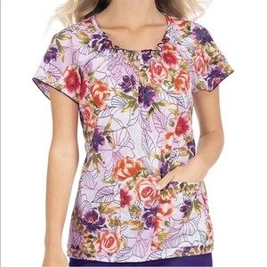 NWT Koi Women’s XS Kinsley Rosey Embroidery Purple Floral Round Neck Scrub Top